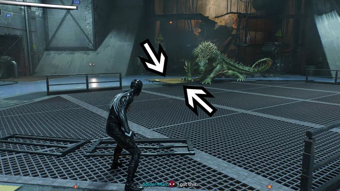 spider-man 2 peter vs lizard arrows pointing to floor vent