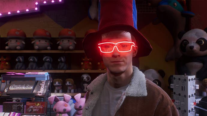 spider-man 2 peter wearing glowing glasses and coney island hat