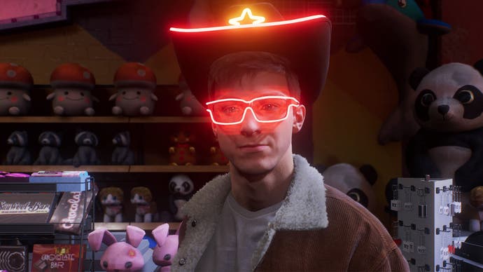 spider-man 2 peter wearing glowing glasses and glowing cowboy hat
