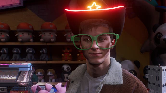 spider-man 2 peter wearing green glasses and glowing cowboy hat