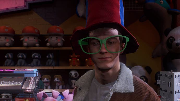 spider-man 2 peter wearing green glasses and tall hat