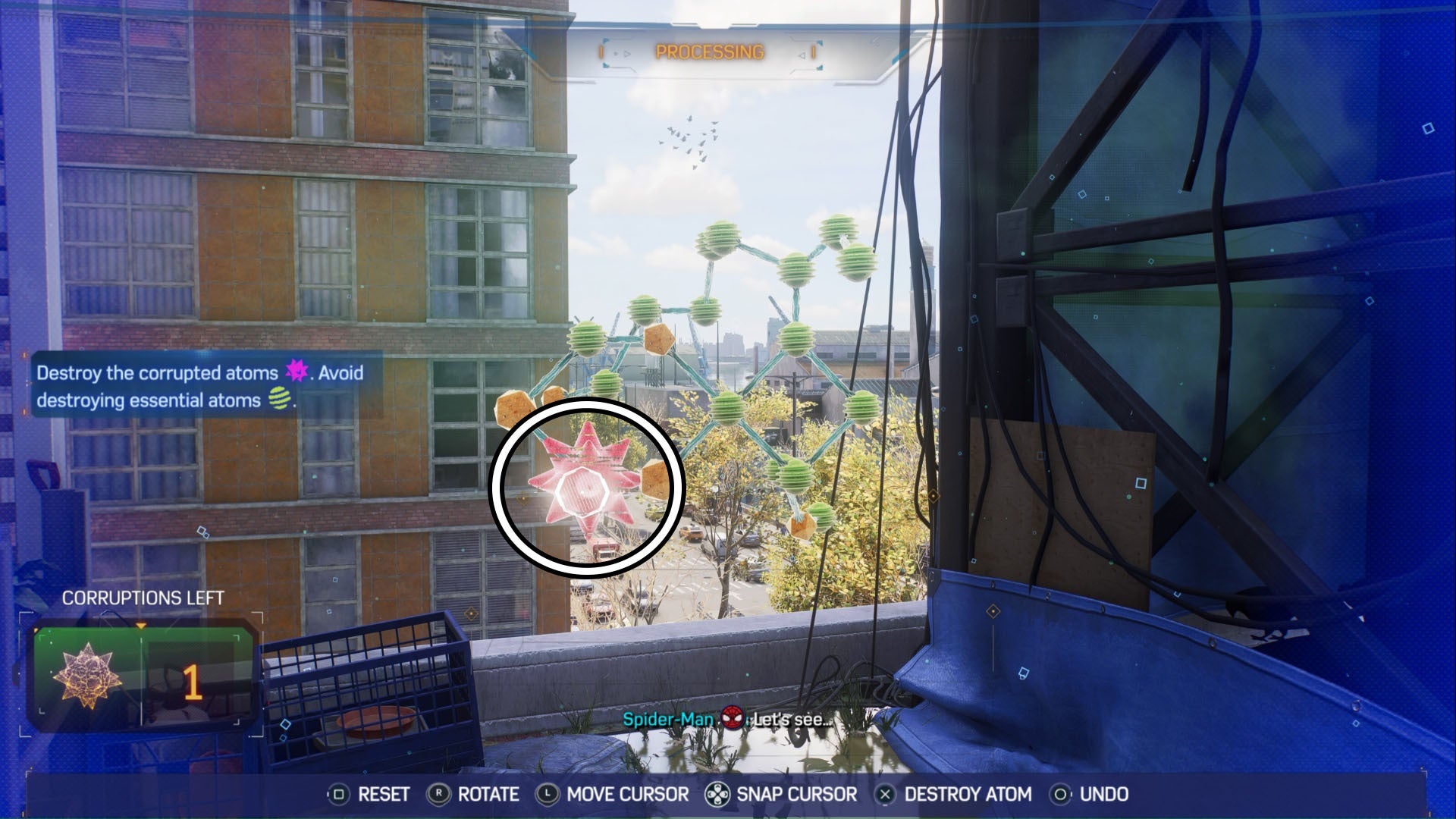 Spider-Man 2 step five of Portside Plant Science Molecule Puzzle, the last corrupt atom is highlighted.