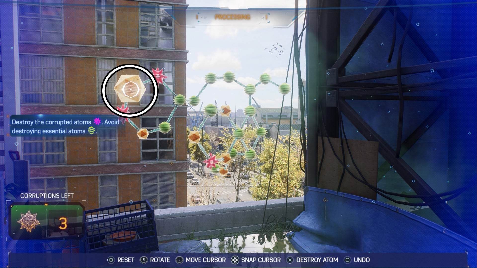 Spider-Man 2 step four of Portside Plant Science Molecule Puzzle, a neutral atom is highlighted.