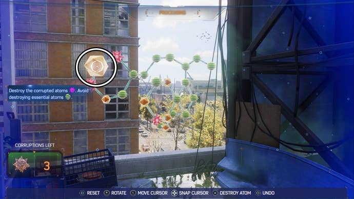 Spider-Man 2 step four of Portside Plant Science Molecule Puzzle, a neutral atom is highlighted.