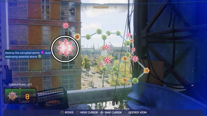 Spider-Man 2 step one of Portside Plant Science Molecule Puzzle, a corrupt atom connected to a neutral one is highlighted.