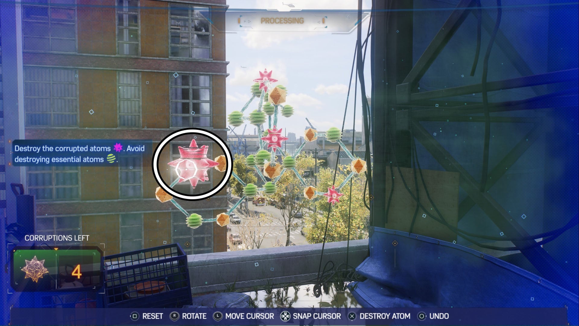 Spider-Man 2 step three of Portside Plant Science Molecule Puzzle, a corrupt atom is highlighted.