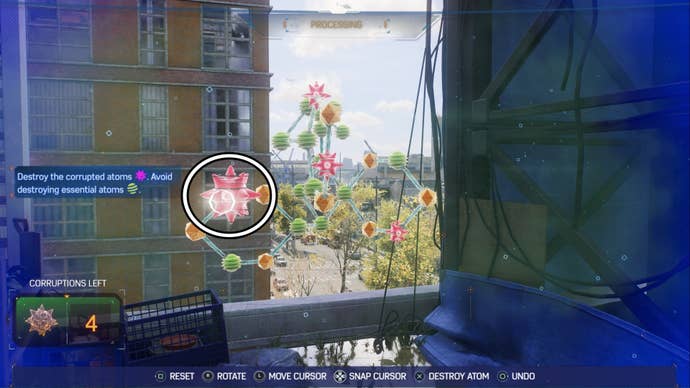 Spider-Man 2 step three of Portside Plant Science Molecule Puzzle, a corrupt atom is highlighted.