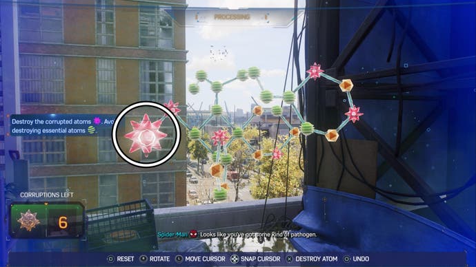 Spider-Man 2 step three of Portside Plant Science Molecule Puzzle, a single corrupt atom is highlighted.