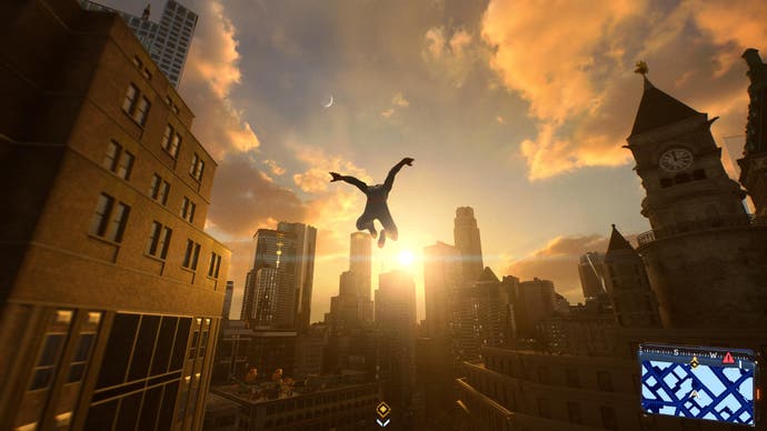 Marvel's Spider Man 2 screenshot showing Spider-Man in signature knees bent, arms extended pose as you leaps over the city at golden hour