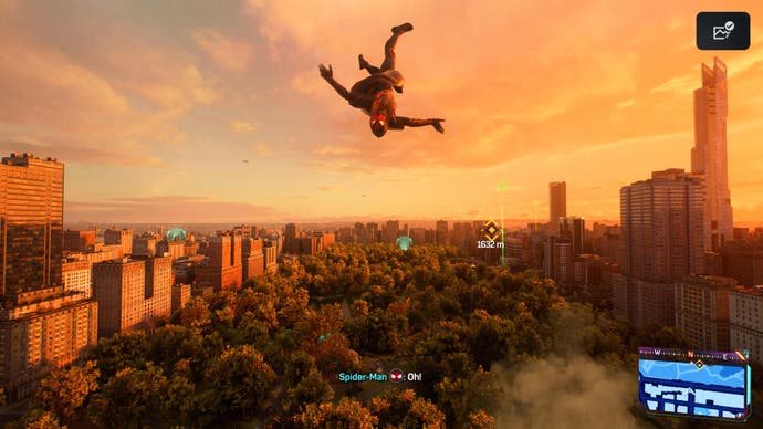 Marvel's Spider Man 2 screenshot showing Miles Morales backflipping over the length of Central Park at golden hour