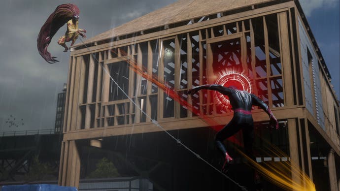 spider-man 2 scream on half built house roof throwing projectile spear at peter parker spider-man