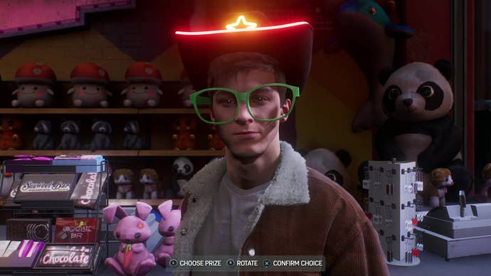 Peter Parker wears a cowboy hat with neon glowstick piping and comically oversized green glasses.