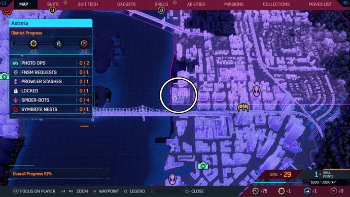 spider-man 2 soar trophy end building circled in astoria district on map