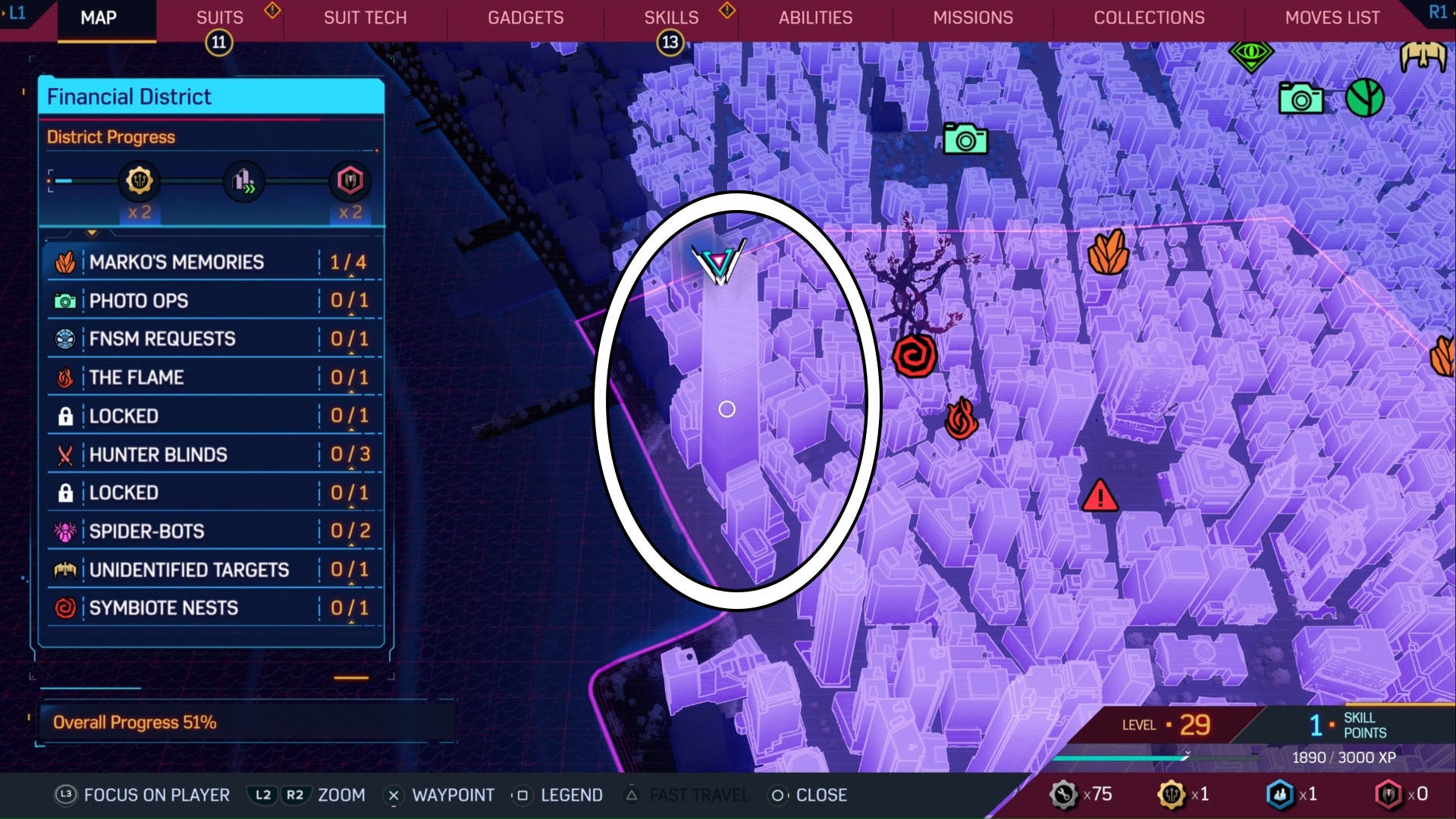 spider-man 2 soar trophy start building circled in financial district on map