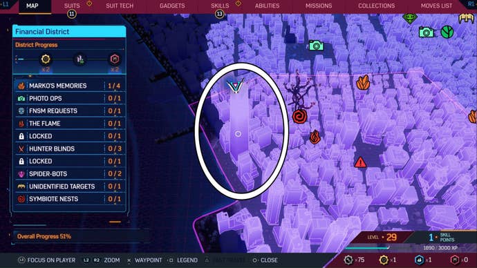 spider-man 2 soar trophy start building circled in financial district on map