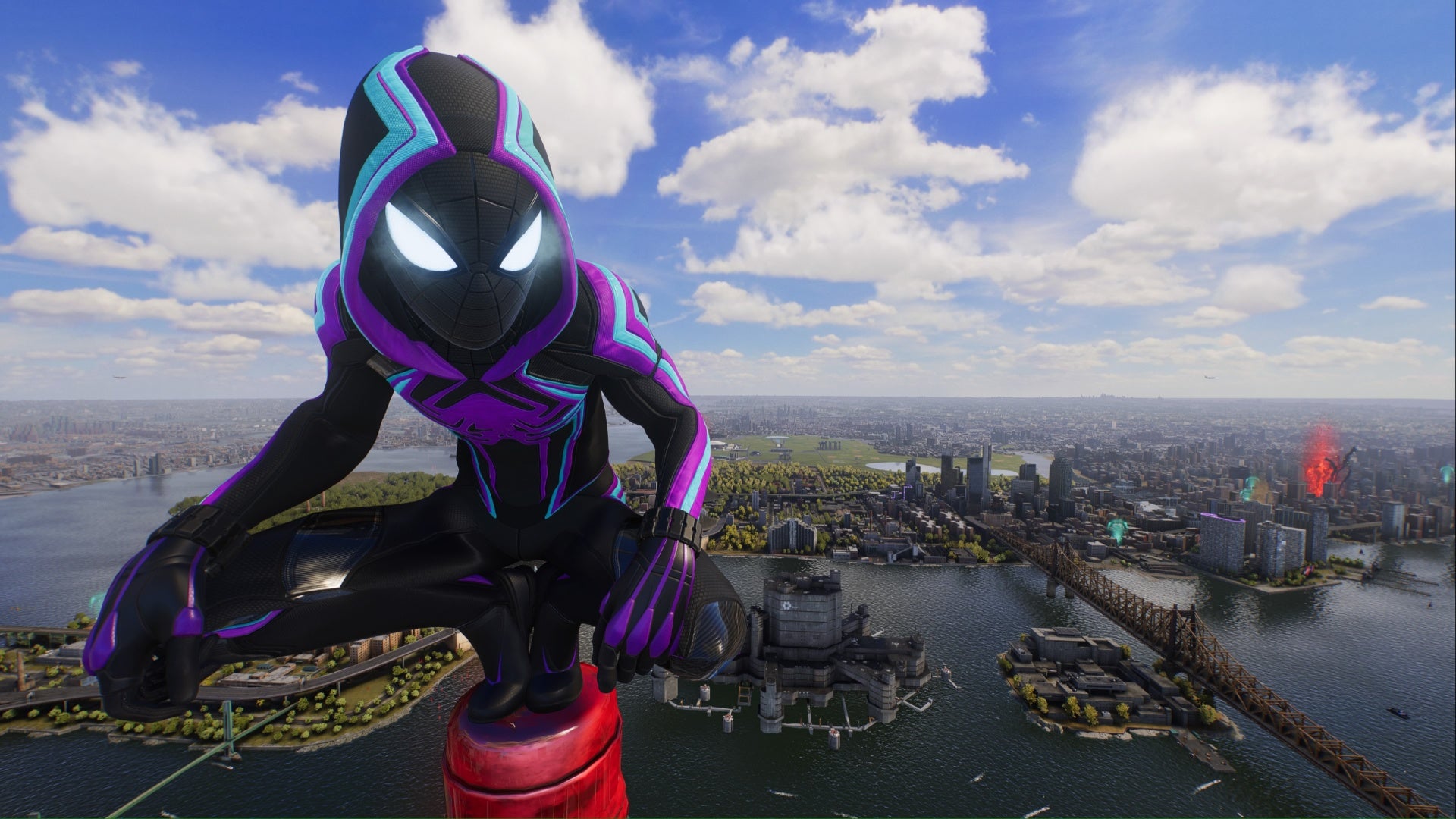 spider-man 2 spider-man 2099 miles morales crouching on top of avengers tower beacon