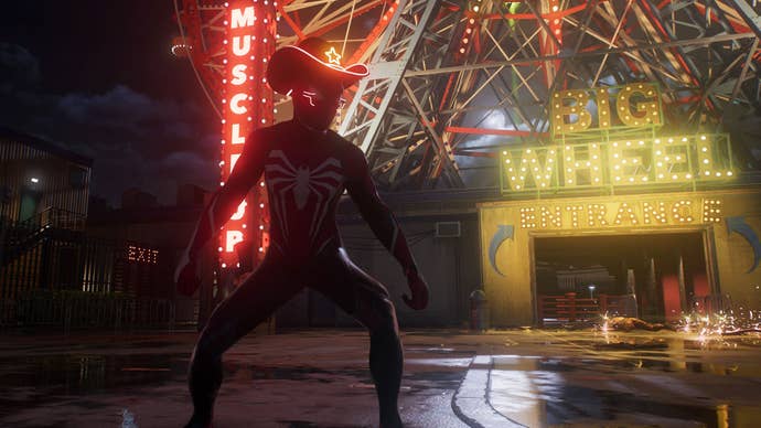 spider-man 2 spider-man wearing glowing cowboy hat at coney island
