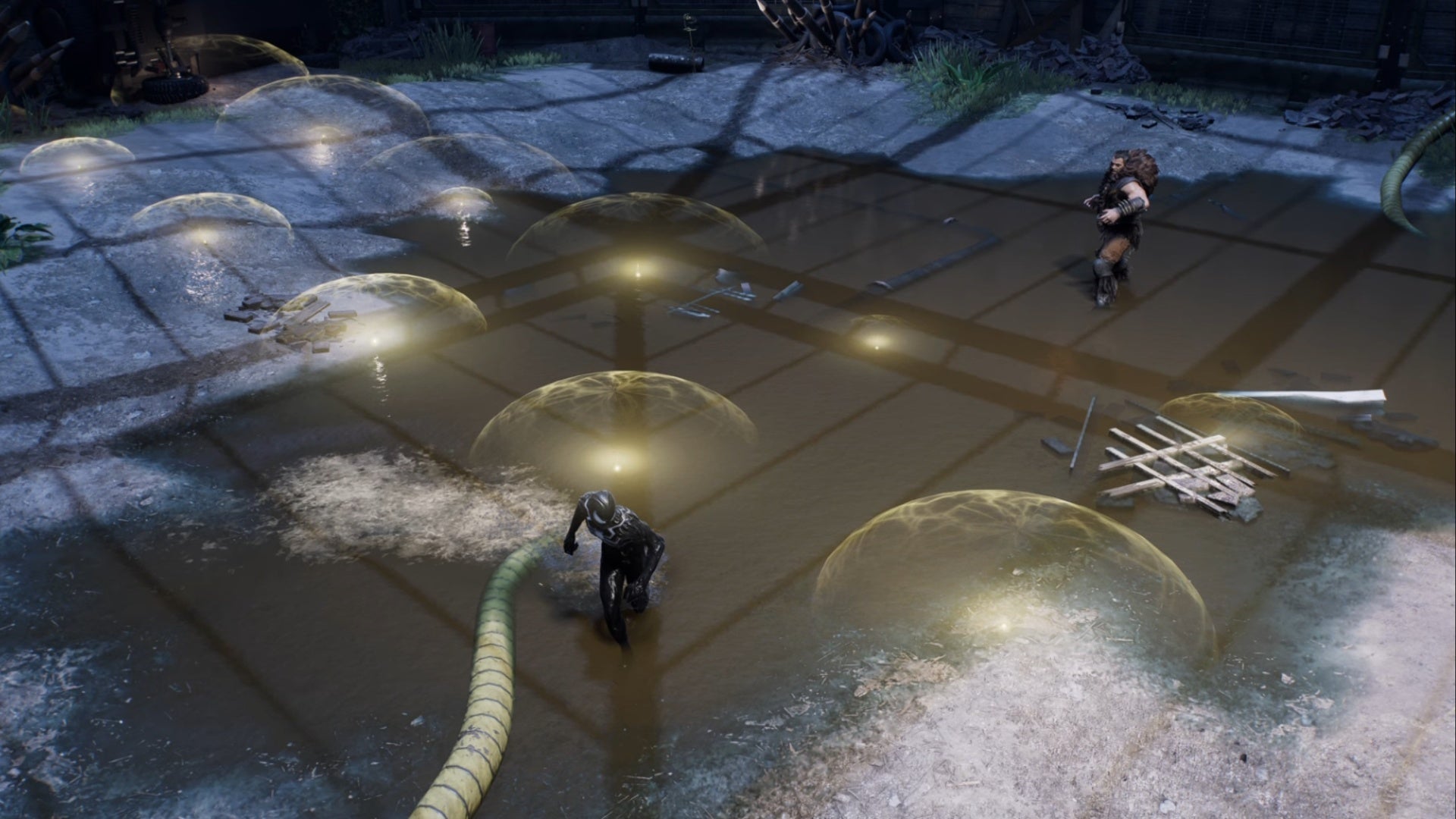 spider-man 2 symbiote peter is dodging kraven&rsquo;s electric bombs that are scattered across the ground