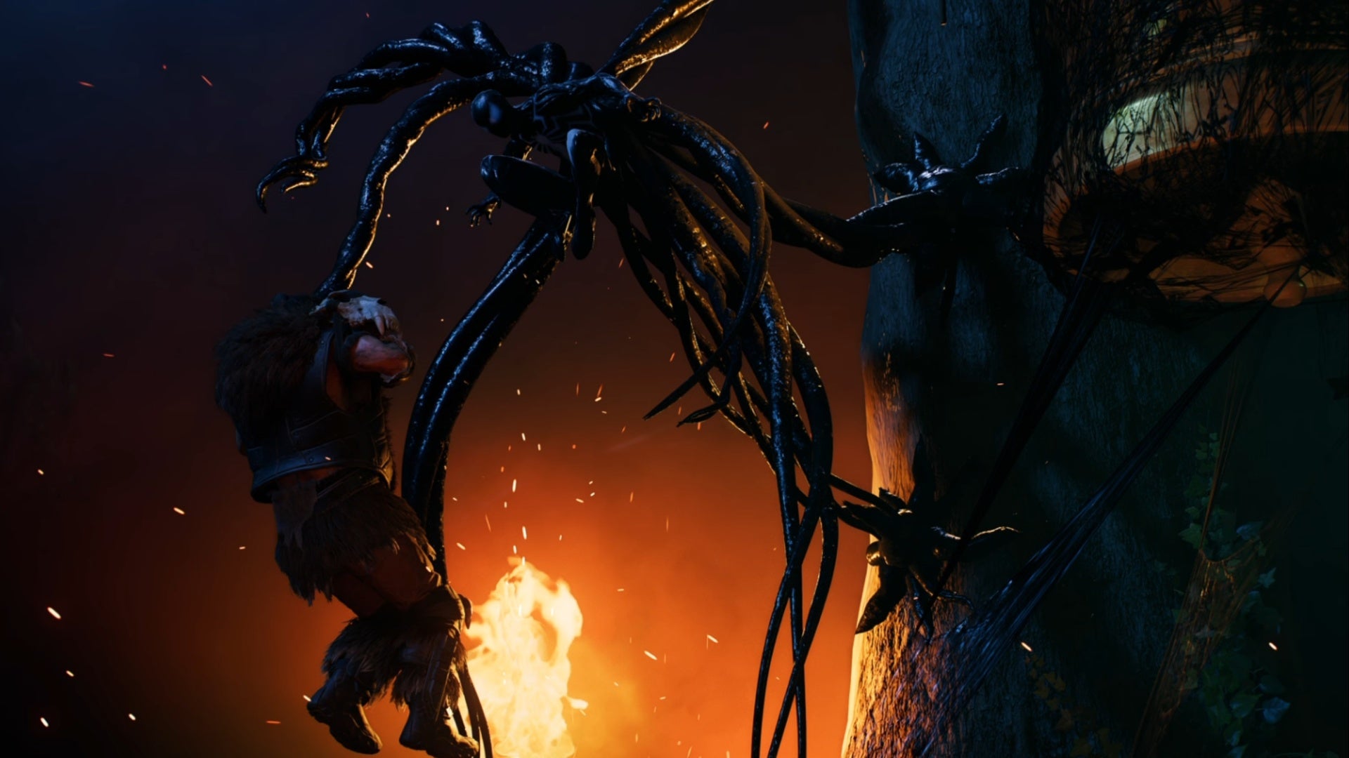 spider-man 2 symbiote peter holding kraven up by his neck with tendrils