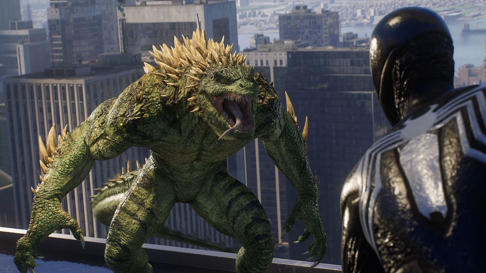 spider-man 2 symbiote peter on rooftop with lizard
