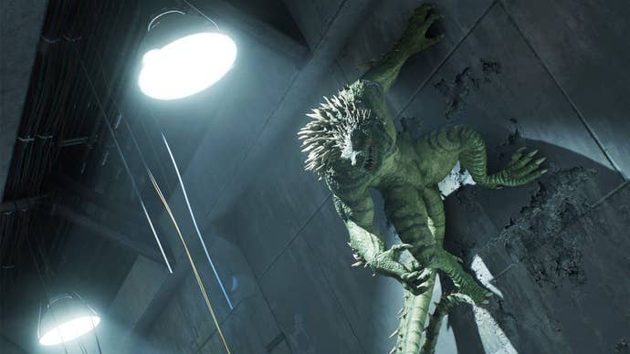 spider-man 2 the lizard is clinging to a wall looking very angry.