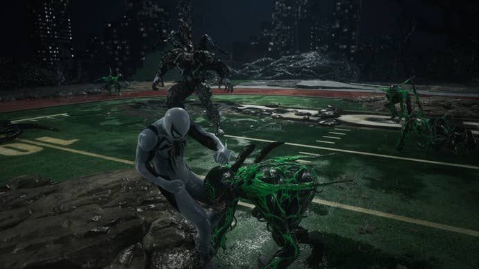 spider-man 2 venom throwing anti-venom peter across football field with other symbiotes