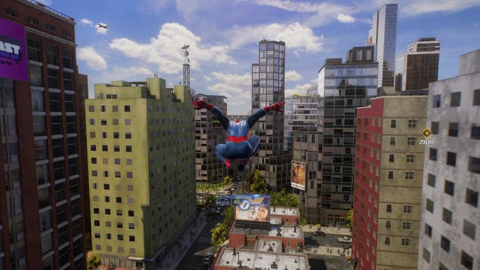 Spider-Man web swings his way through skyscrapers in New York City.
