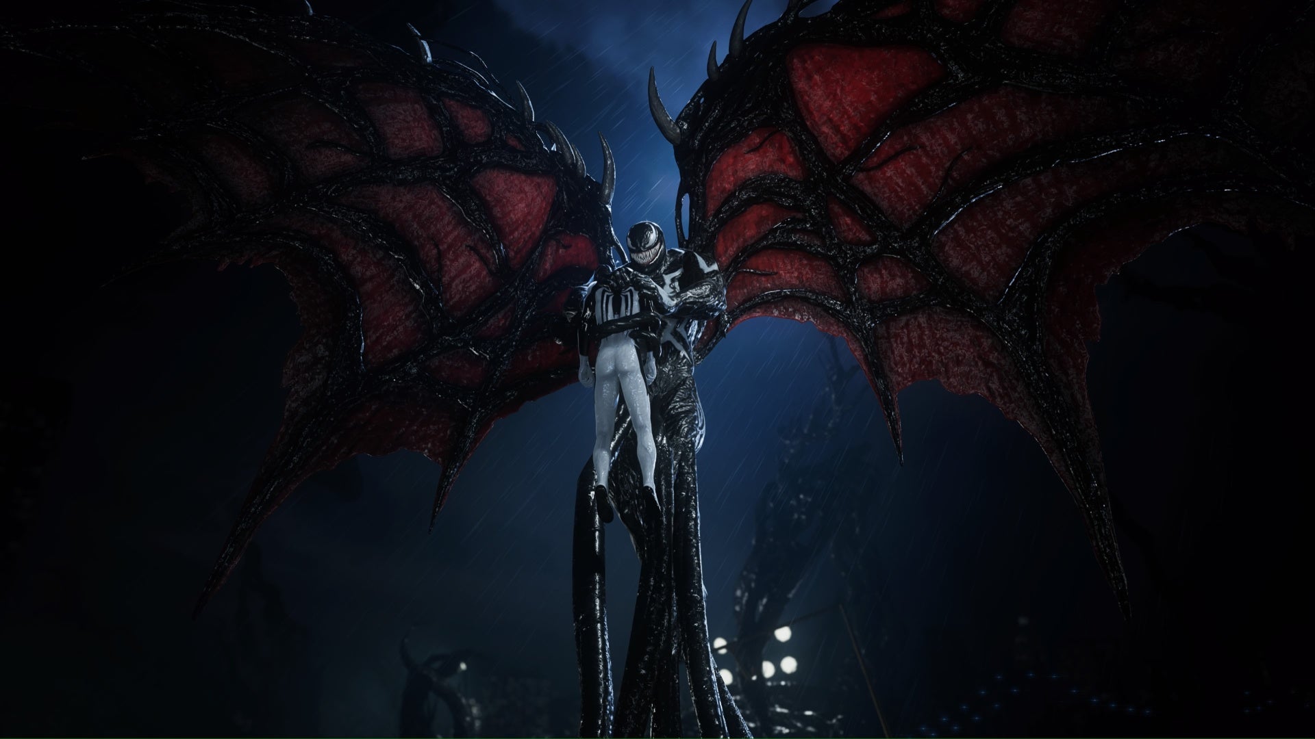 spider-man 2 winged venom clutching anti-venom peter in the air