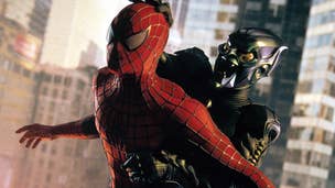 A still from Spider-Man (2002) of the titular character being held by the Green Goblin in front of a cityscape.
