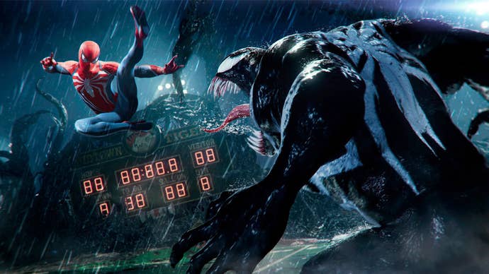 A Marvel’s Spider-Man 2 screenshot showing Spider-Man battling venom in the middle of a rain-battered football pitch during a storm.