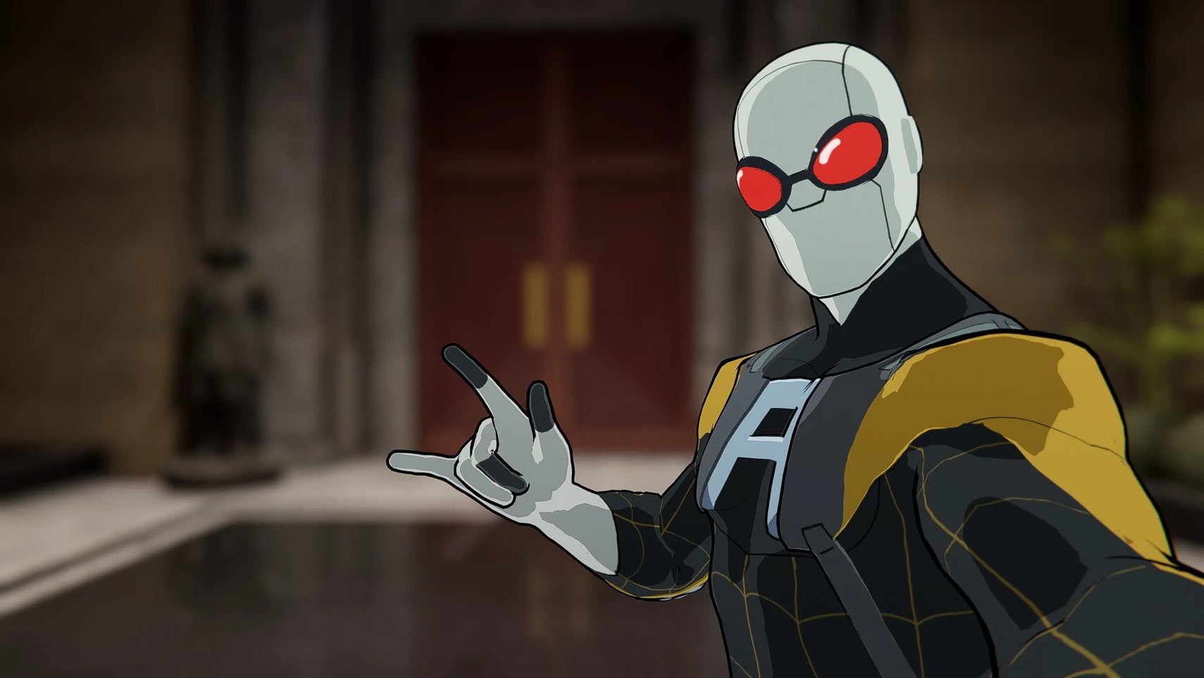 A screenshot of Marvel's Spider-Man of the titular character taking a selfie holding up the rock hand sign, wearing an Agent Spider suit from Invincible. - 1