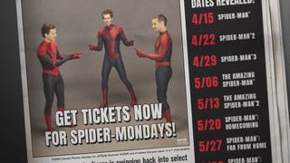 All three live-action Spider-Men, including Tom Holland, Andrew Garfield, and Tobey Maguire, are stood in their Spider-Suits, masks off, standing pointing at each other. The image is presented as a photograph in a fake newspaper, showing release dates for all live-action Spider-Man films. Text reads "get tickets for spider-mondays!"
