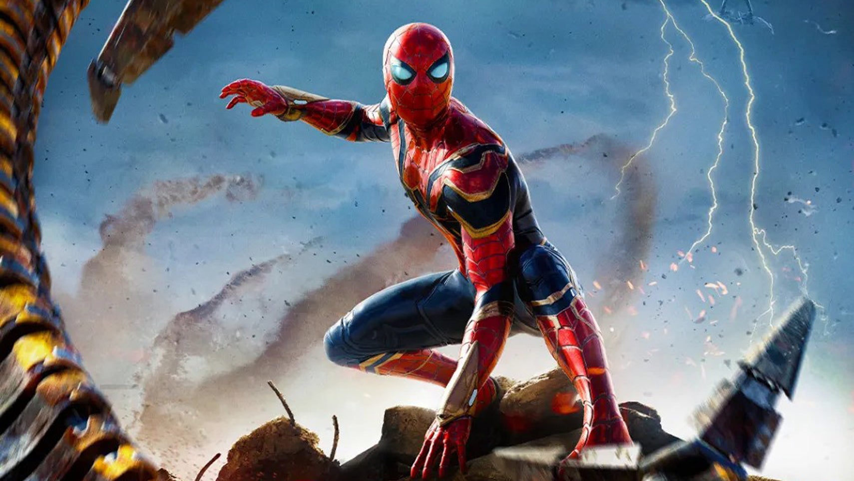 Tom Holland's Spider-Man is perched on some rubble as one of Doc Oc's robotic arms reaches out towards him. - 1
