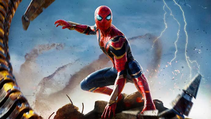 Tom Holland’s Spider-Man is perched on some rubble as one of Doc Oc’s robotic arms reaches out towards him.