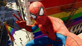 Spider-Man in front of Pride flags