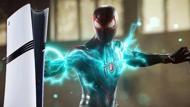 Miles Morales from Spider-Man 2 glowing with energy next to a PS5 Pro