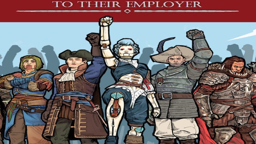 The cover of an open letter from Spiders studio calling for a strike, depicting characters from their games with their fists held high.