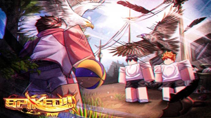 Artwork for the Roblox game Spiked, showing Roblox characters getting ready for a volleyball match.