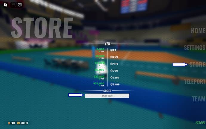 A screenshot of Spiked in Roblox showing the game’s codes field and Store button.