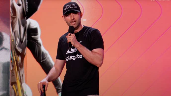 1047 Games CEO Ian Proulx wearing a 'Make FPS Great Again' chapeau during the Splitgate 2 spot of Summer Game Fest.