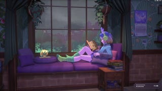 A purple-haired, purple-skinned girl relaxes with a book in a window nook in Spirit City Lofi Sessions. A cute creature rests nearby.