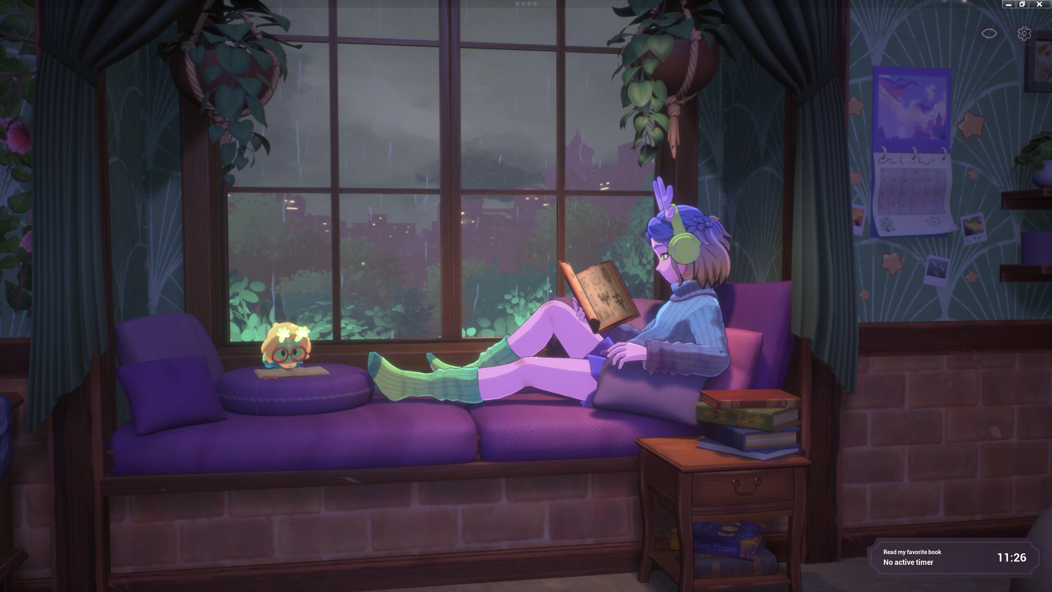 A purple-haired, purple-skinned girl relaxes with a book in a window nook in Spirit City Lofi Sessions. A cute creature rests nearby. - 1