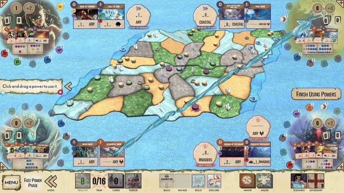 A map of the island with different players mapping out turns in Spirit Island