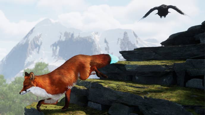 Spirit of the North 2’s fox protagonist descends some rocky stairs with its raven companion hovering nearby