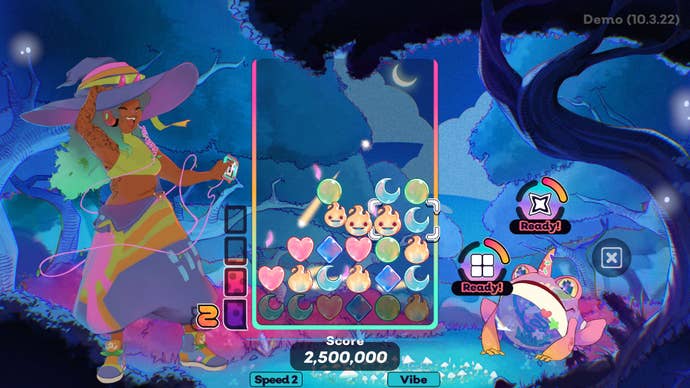 Samar, a cool witch with a big hat, is listening to a walk through and playing a game of spirit swap match 3 in Spirit Swap