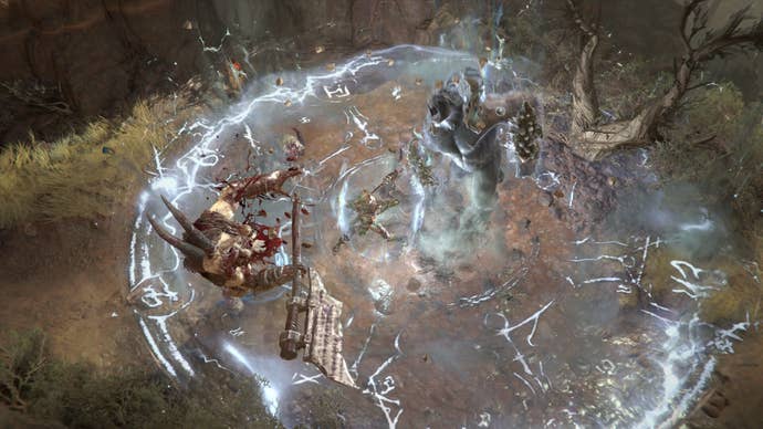 The Diablo IV Spiritborn summons their gorilla companion, who creates a crackling area of effect attack.