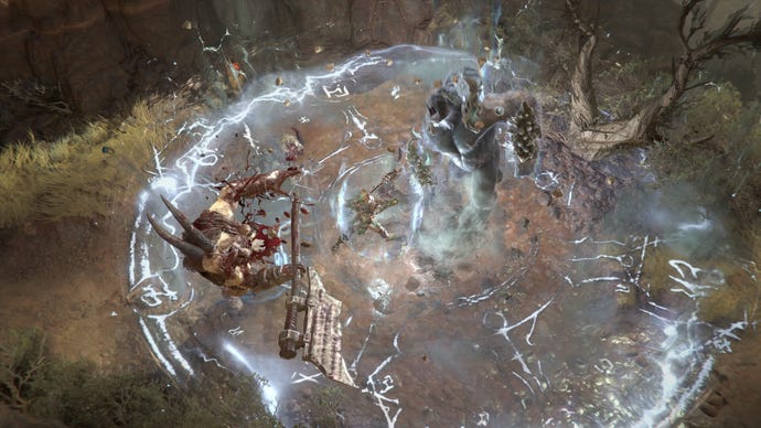 The Diablo IV Spiritborn summons their gorilla companion, who creates a crackling area of effect attack.
