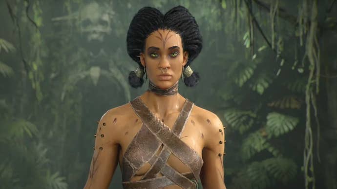 A closeup on one of the female body types for the Spiritborn in the Diablo IV character creation screen.