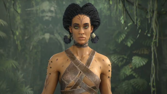 A closeup on one of the female body types for the Spiritborn in the Diablo IV character creation screen.