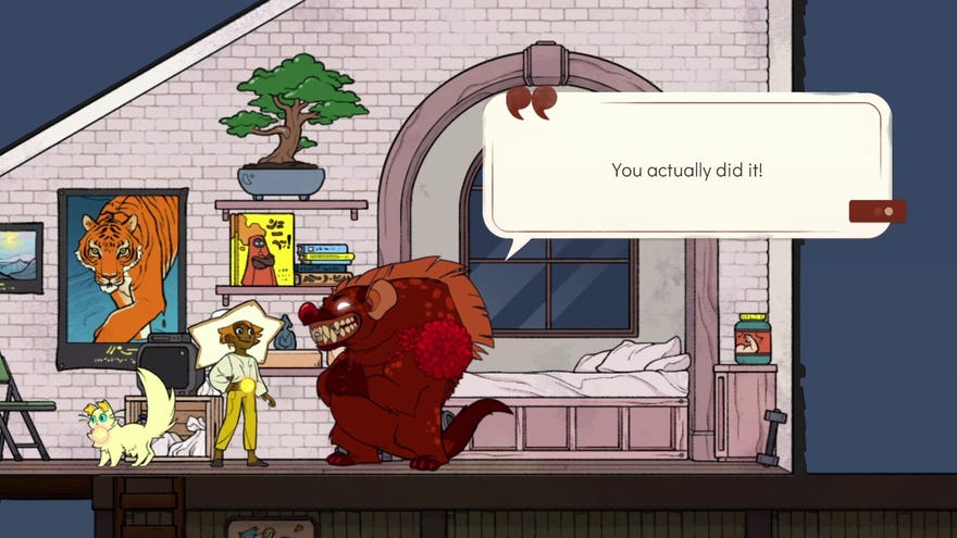 A screenshot of the new Hyena spirit in Spiritfarer: Farewell Edition.